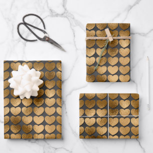 Black With Gold Hearts Valentine's Wrapping Paper Sheets