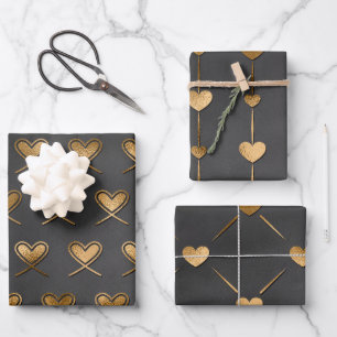 Black With Gold Hearts Valentine's  Wrapping Paper Sheets