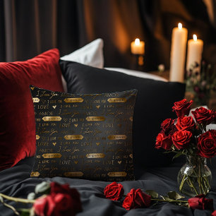 Black with Gold I Love You Script Throw Pillow