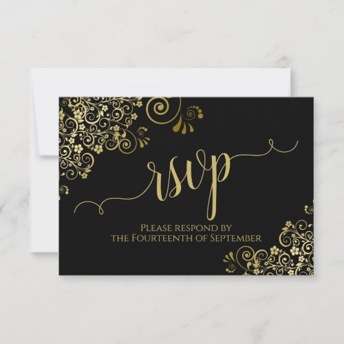 Black with Gold Lace Elegant Calligraphy Wedding RSVP Card