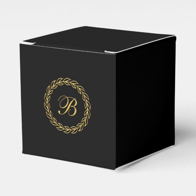 Black with Gold Laurel Wreath and Monogram Favor Boxes (Front Side)