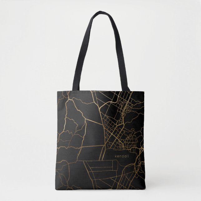 Black with Gold Look Map Add Name Tote Bag (Front)