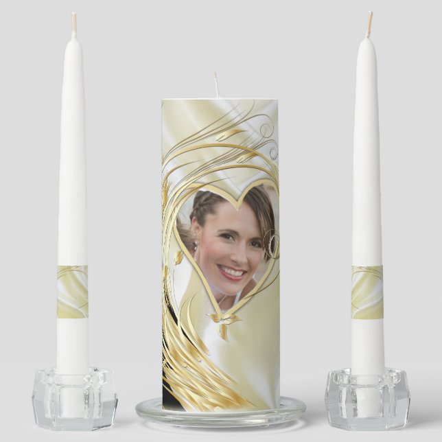 Black with Gold on Champagne Silk Unity Candle Set (Front)