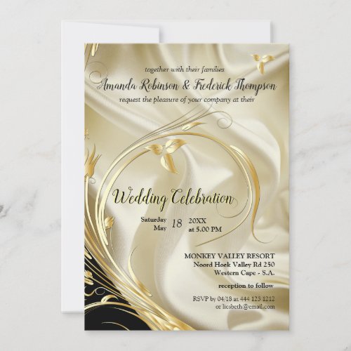 Black with Gold on Champagne Silk Wedding Invitati Invitation