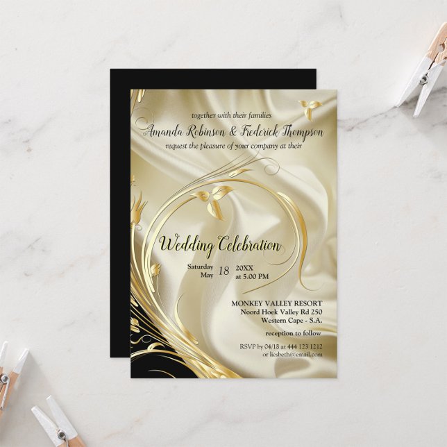 Black with Gold on Champagne Silk Wedding Invitation