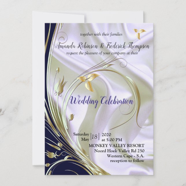 Black with Gold on Champagne Silk Wedding Invitation (Front)