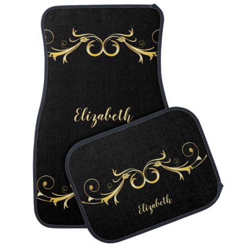 Black With Gold Ornate Swirls Monogram Car Floor Mat