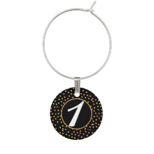 Black with Gold Polka Dot Pattern Numbered Wine Charm