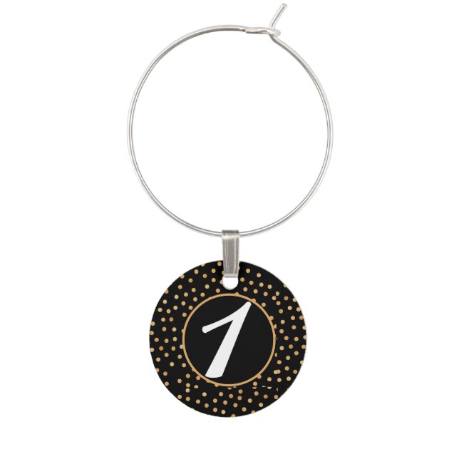 Black with Gold Polka Dot Pattern Numbered Wine Charm (Front)