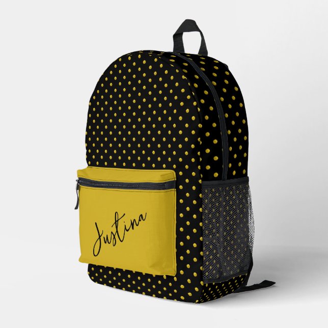 Black with Gold Polka Dots Personalized  Printed Backpack (Back Corner Right)