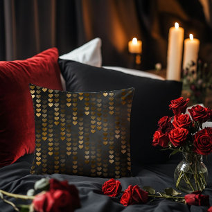 Black with Gold Raining Hearts Throw Pillow