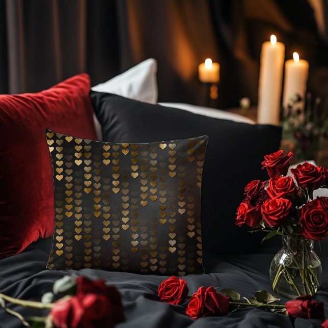 Black with Gold Raining Hearts Throw Pillow (Creator Uploaded)