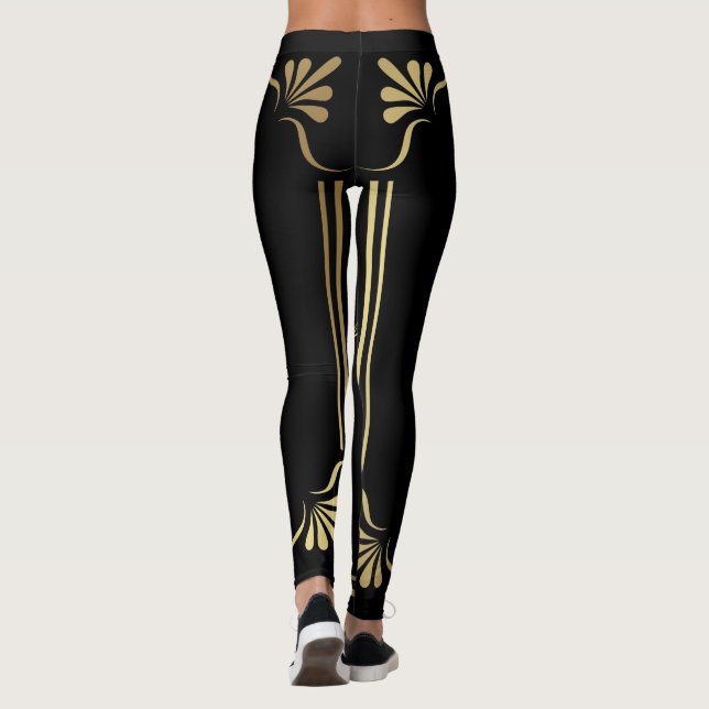 Black with Gold Simplistic Scroll Design, Leggings (Back)
