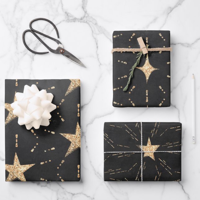 Black With Gold Starbursts & Stardust Elegant Wrapping Paper Sheets (Front)