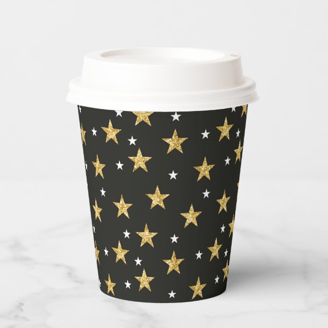 Black with Gold Stars New Years Paper Cups (Front)