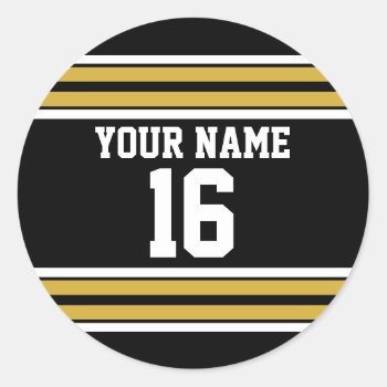Black With Gold White Stripes Team Jersey Classic Round Sticker by FantabulousSports at Zazzle