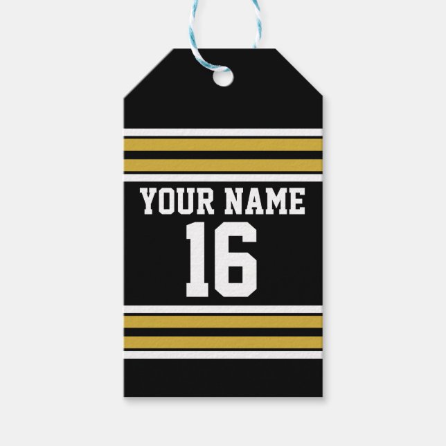 Black with Gold White Stripes Team Jersey Gift Tags (Front)