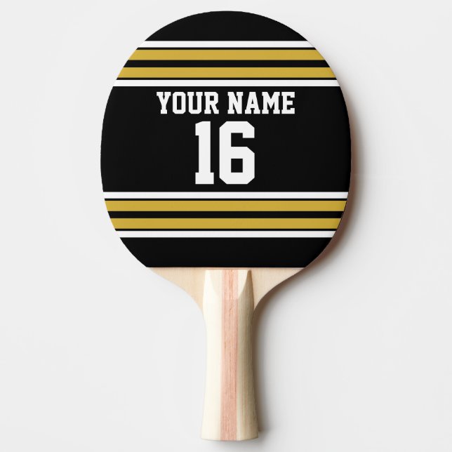 Black with Gold White Stripes Team Jersey Ping-Pong Paddle (Front)