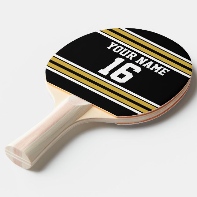 Black with Gold White Stripes Team Jersey Ping-Pong Paddle (Front Angle)