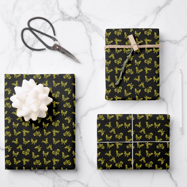 black with golden butterflies  wrapping paper sheets (Front)
