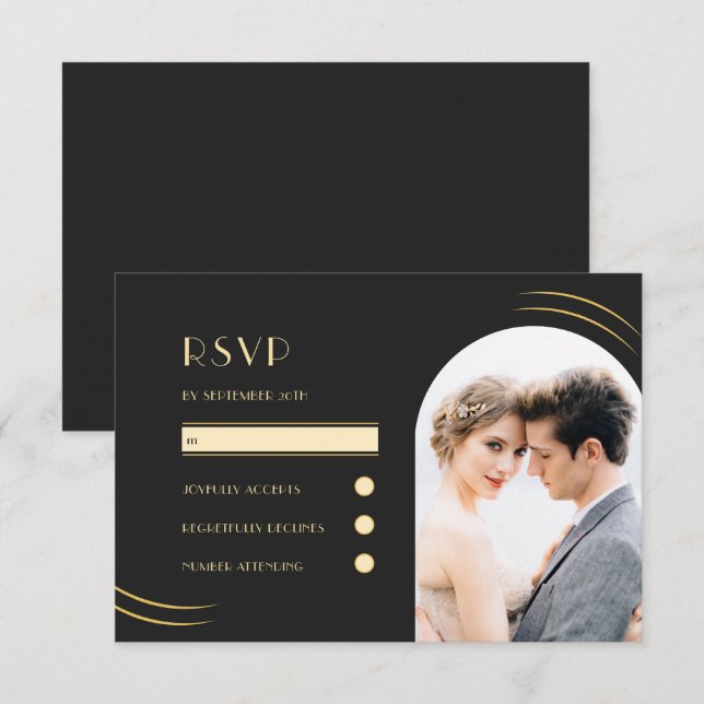 Black with Golden Wisps Photo Wedding RSVP Card (Front/Back)