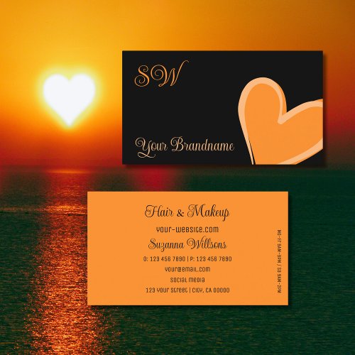 Black with Gorgeous Orange Heart and Monogram Cute Business Card