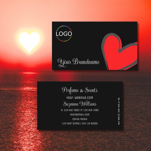 Black with Gorgeous Red Heart and Logo Modern Cute Business Card
