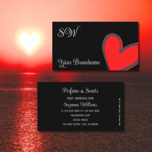 Black with Gorgeous Red Heart and Monogram Cute Business Card