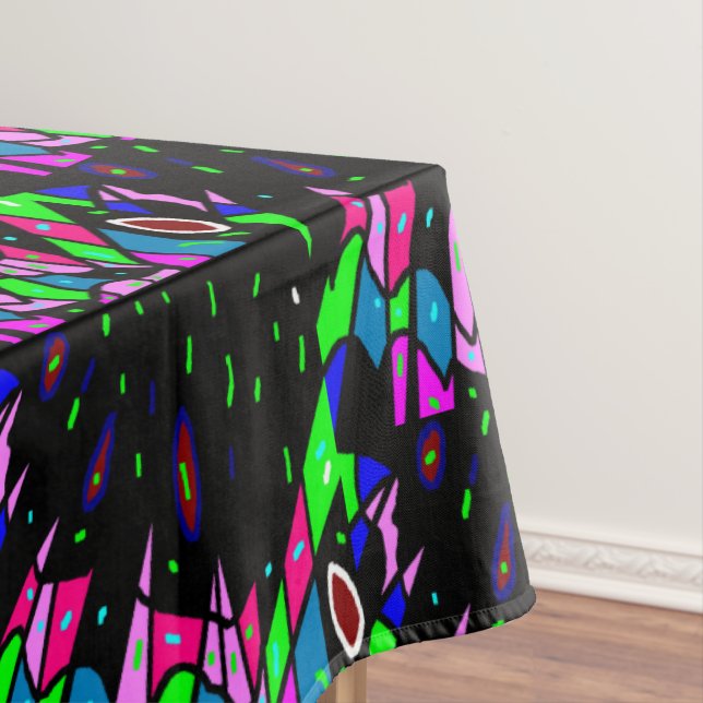 Black with green and pink patterns home decor tablecloth (In Situ)