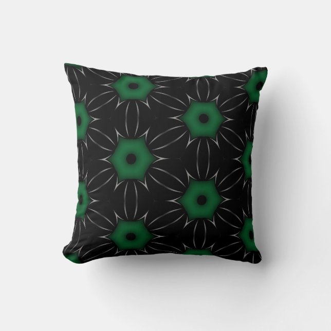 Black with Green Dot Pattern Kaleidoscope Throw Pillow (Front)