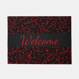 Black with Holiday Red Music Notes Doormat