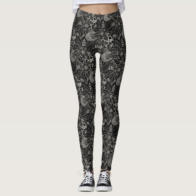 Black with Light Grey Floral Lace Pattern Leggings (Front)