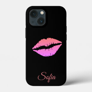Black with lips iphone name customization cover. 13 mini case