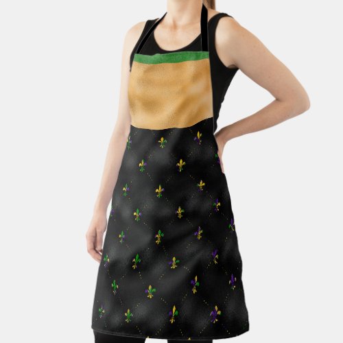 BLACK WITH MARDI GRAS FLEUR DI LIS  STRIPES APRON