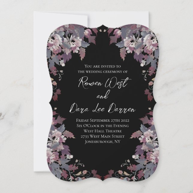 Black with Moody Dark Floral Wedding Invitations (Front)