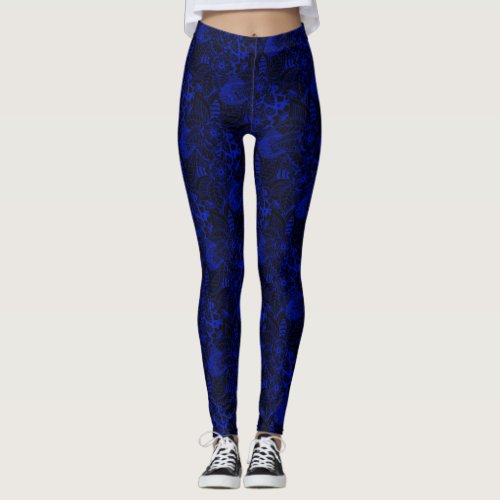 Black with Neon Blue Floral Lace Pattern Leggings
