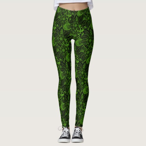 Black with Neon Green Floral Lace Pattern Leggings