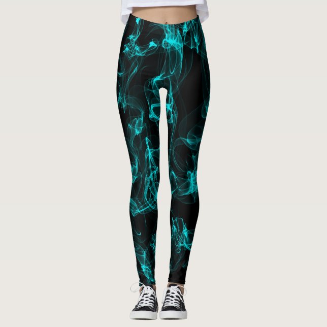 Black with Neon Green Liquide Smoke Pattern Leggings (Front)