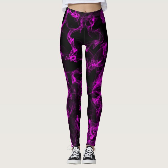 Black with Neon Violet Liquide Smoke Pattern Leggings (Front)