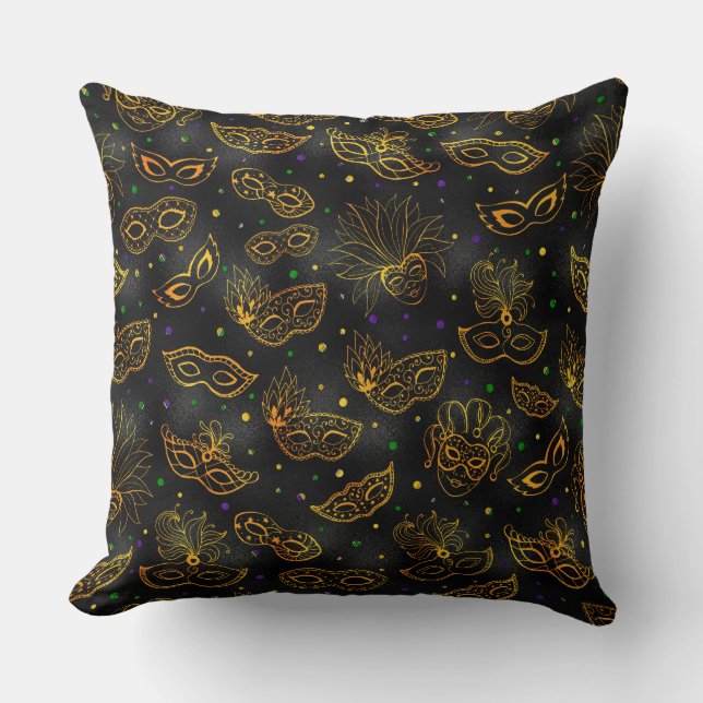 BLACK WITH ORANGE GOLD MARDI GRAS MASKS THROW PILLOW (Front)
