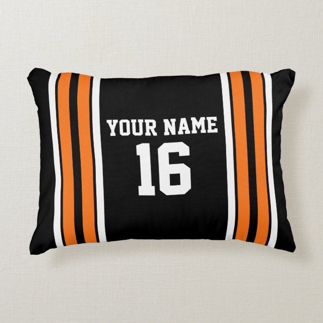 Black with Orange White Stripes Team Jersey Decorative Pillow (Front)