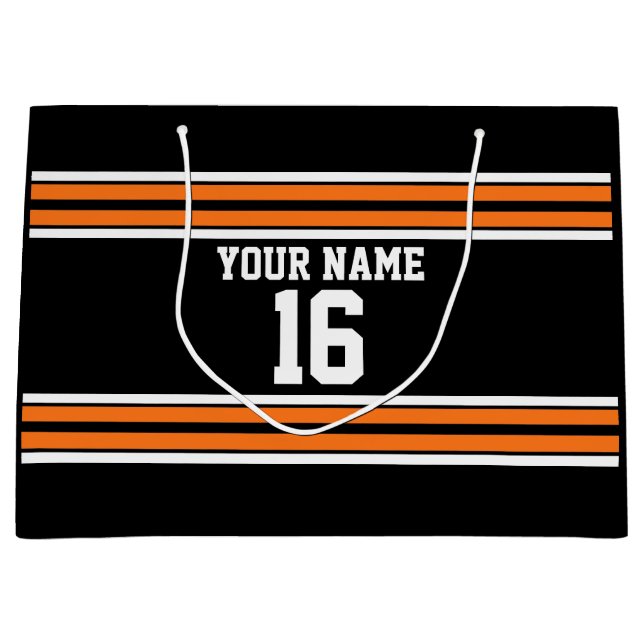 Black with Orange White Stripes Team Jersey Large Gift Bag (Front)