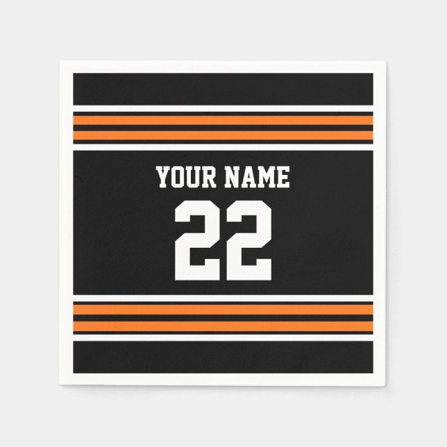 Black with Orange White Stripes Team Jersey Paper Napkins (Front)