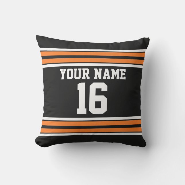 Black with Orange White Stripes Team Jersey Throw Pillow (Front)