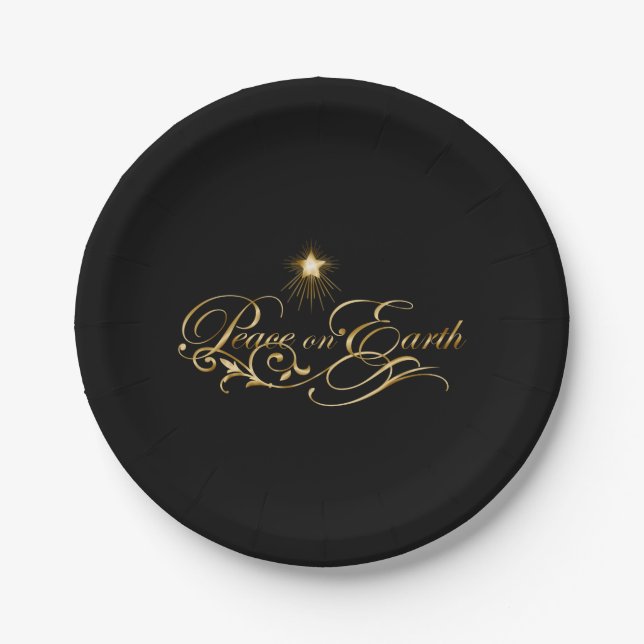 Black with Ornate Gold Peace on Earth Paper Plates (Front)