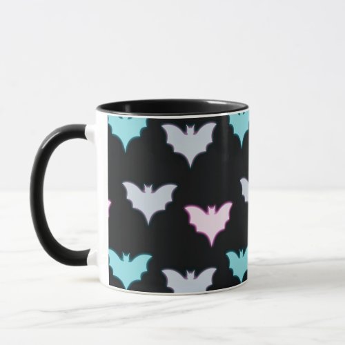 Black with Pastel Colored Bats Halloween Mug