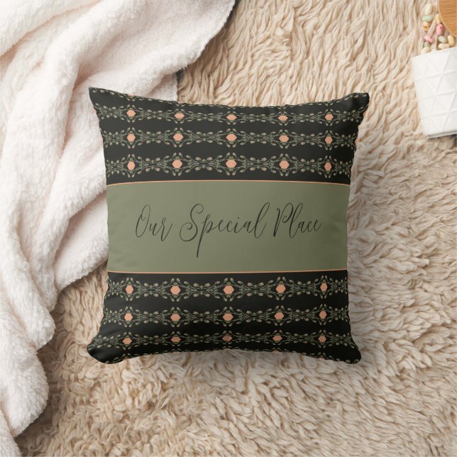 Black With Peach And Green Pattern Throw Pillow (Blanket)