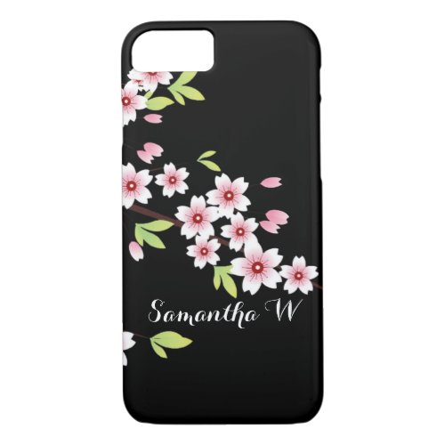 Black with Pink and Green Cherry Blossom Sakura iPhone 87 Case