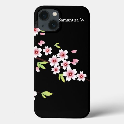 Black with Pink and Green Cherry Blossom Sakura iPhone 13 Case