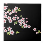 Black with Pink and Green Cherry Blossom Sakura Ceramic Tile